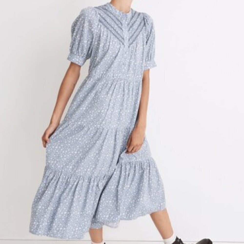 Madewell Embroidered Puff-Sleeve Midi Dress in Cottage Garden Blue Floral XL